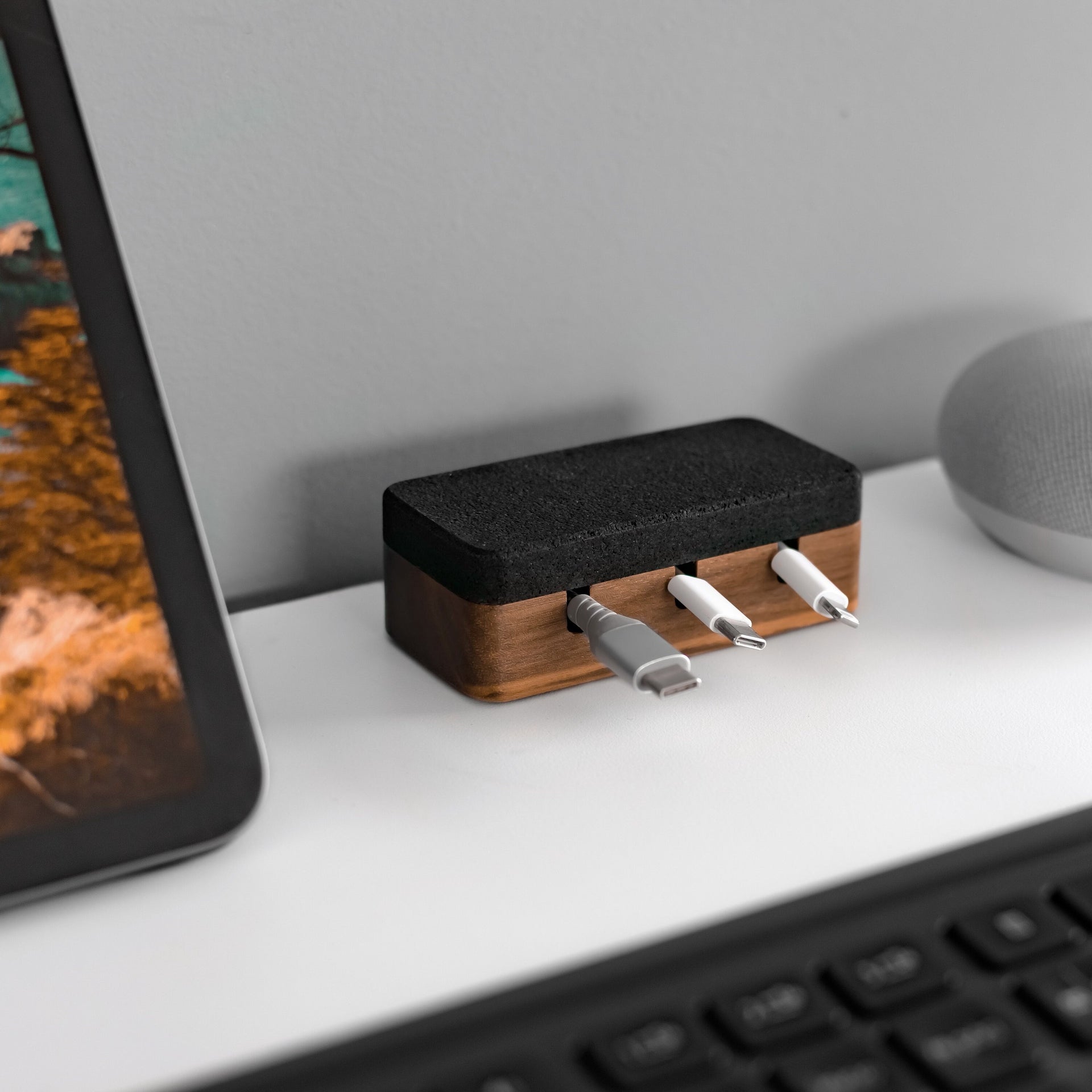 Desk Organizer Gift- Magnetic Walnut Wood Cable and Cord Organizer, 3 Slots with Suction Pads on Bottom, Custom Width, Desk Management